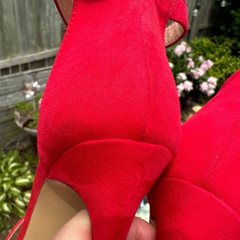 Liliana Red Open Toe Velvet Ankle Strap High Heel Sandal Pump Size 9 Stiletto - Picture 5 of 16